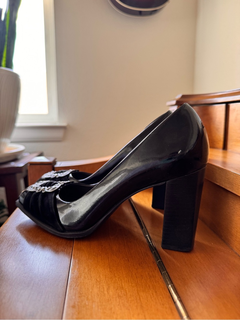 Franco Sarto Black Patent Peep-Toe Heels with Decorative Buckle - Picture 3 of 10